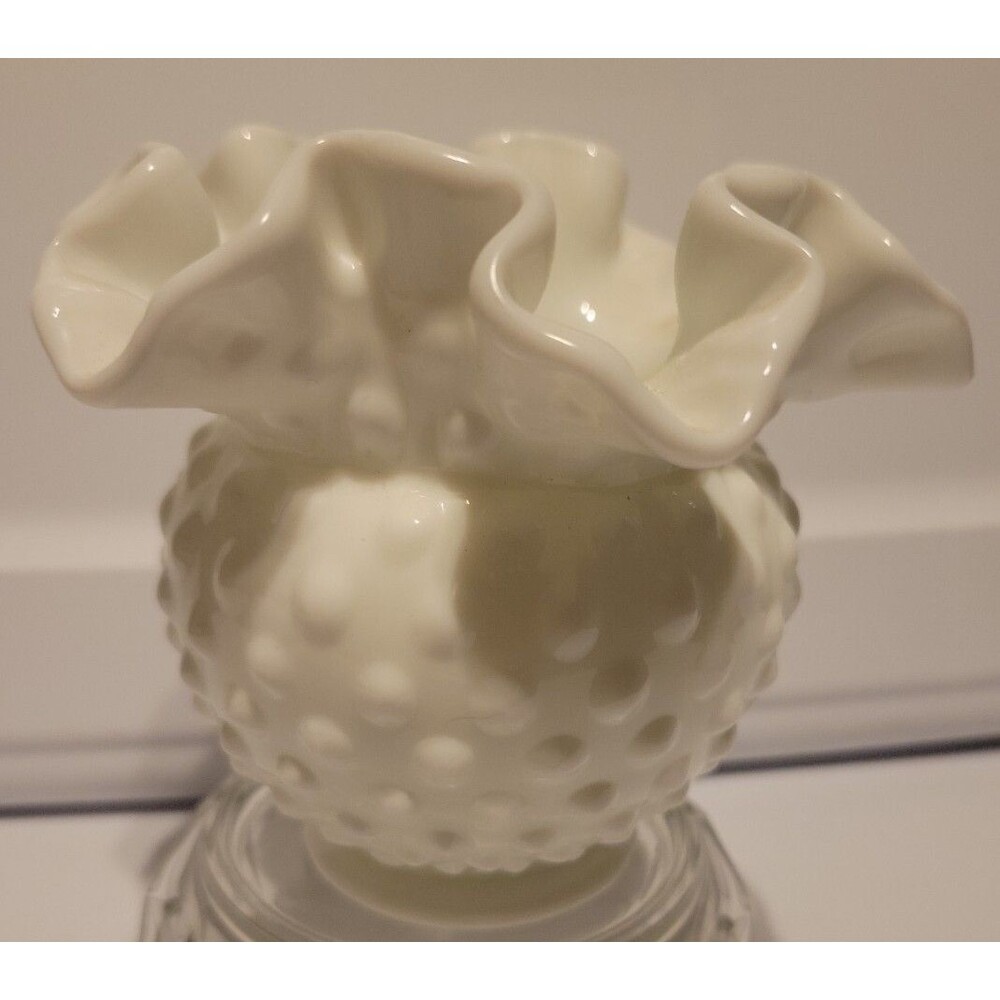 Vintage Fenton Hobnail Milk Glass Ruffled Bowl Vase White 6" X 4" tall